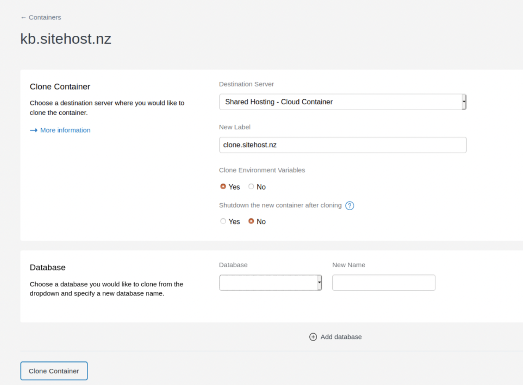 SiteHost control panel screenshot - Cloud Container cloning process.