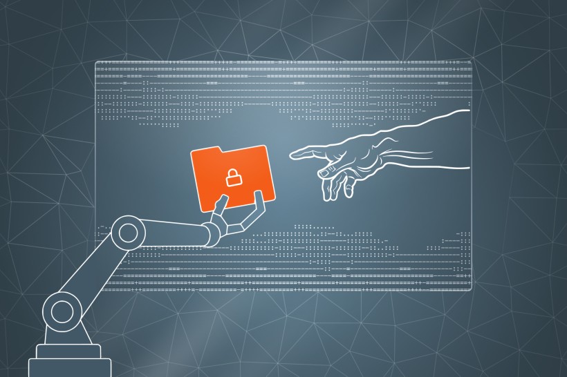 An illustration of a robotic arm on the left reaching out, with an orange folder in its hand, to a human hand on the right.