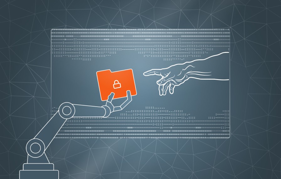 An illustration of a robotic arm on the left reaching out, with an orange folder in its hand, to a human hand on the right.