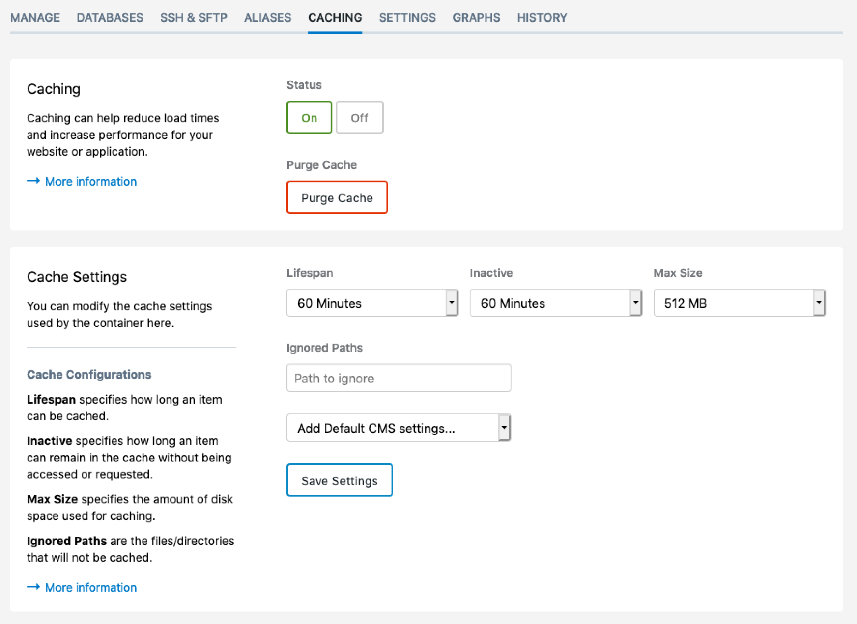 SiteHost control panel screenshot - Cloud Container caching settings.