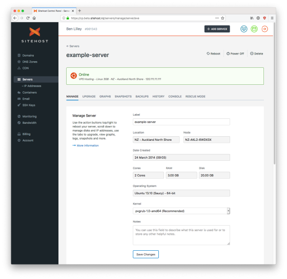 SiteHost control panel screenshot - 'Servers' screen.