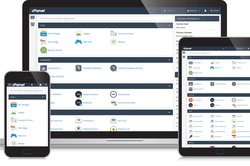 cPanel interface on three different screens.