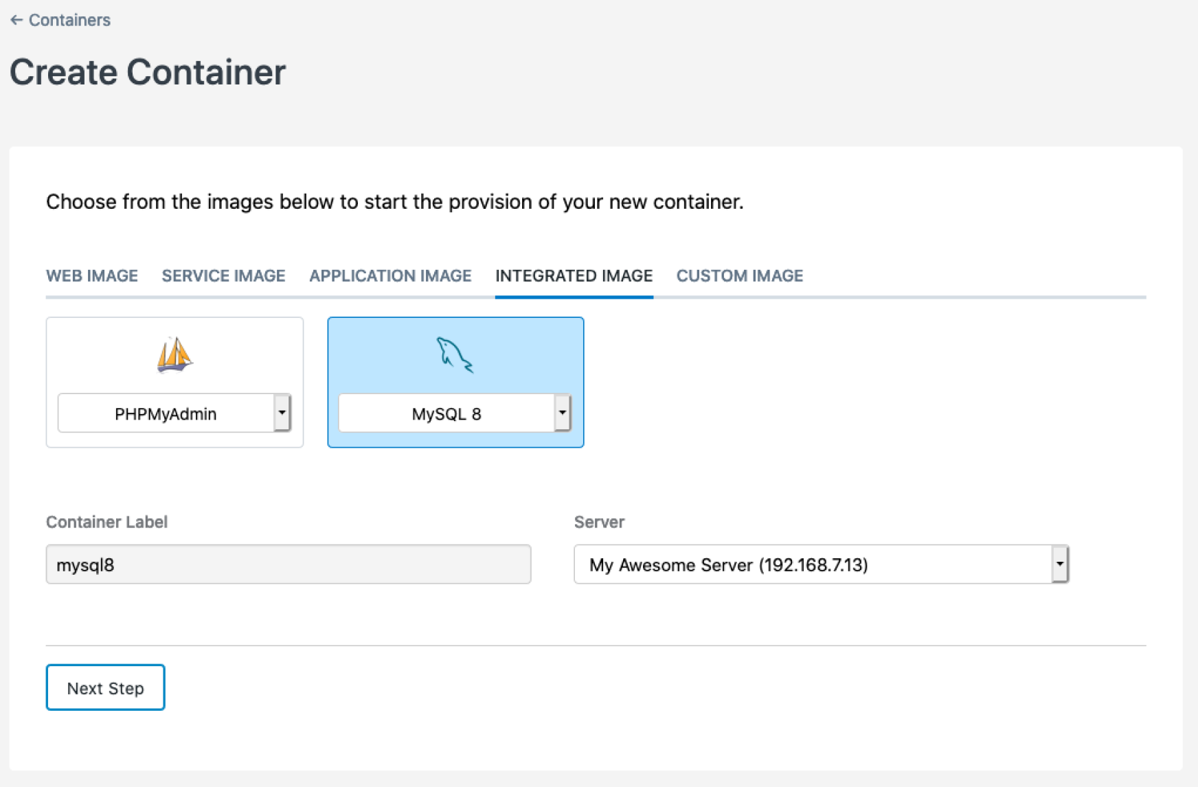 SiteHost control panel screenshot - Cloud Container integrated images.