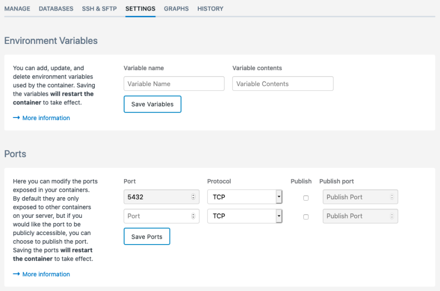 SiteHost control panel screenshot - Environment variables and Ports.