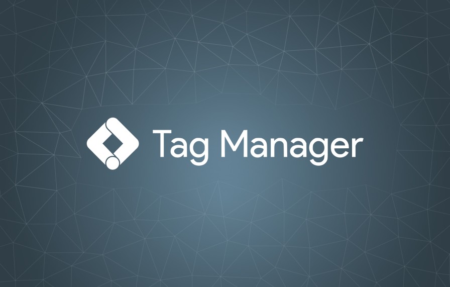 Google Tag Manager logo sits on front of a grey blue abstract design background.