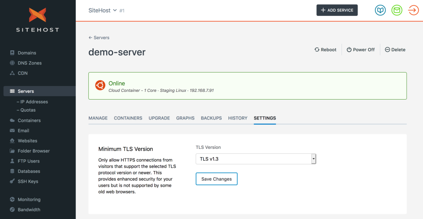 SiteHost control panel screenshot - Server settings showing minimum TLS version.