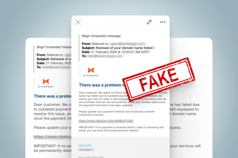 Screenshot of the fraudulent email, with a red FAKE banner displayed on top of it.