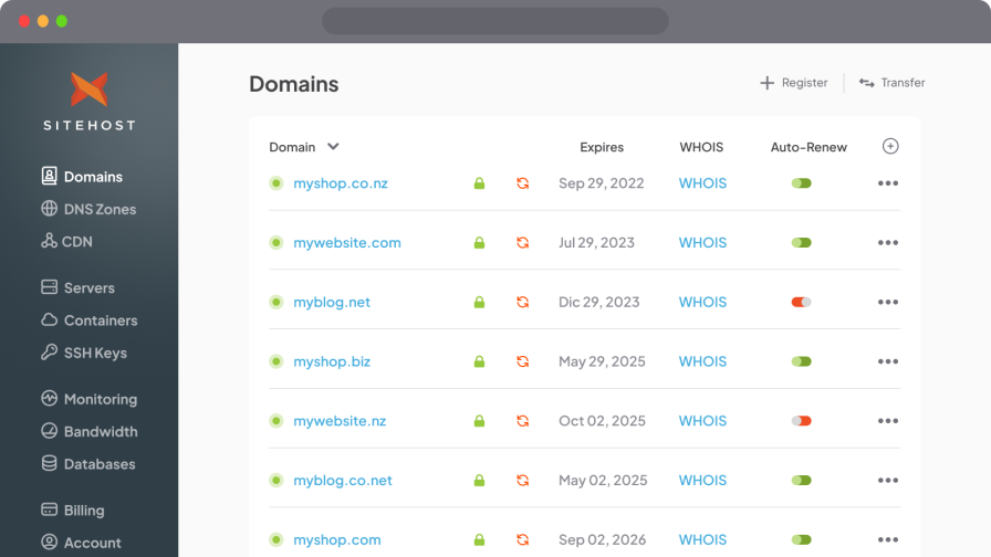 Manage bulk domains easily through the SiteHost control panel.