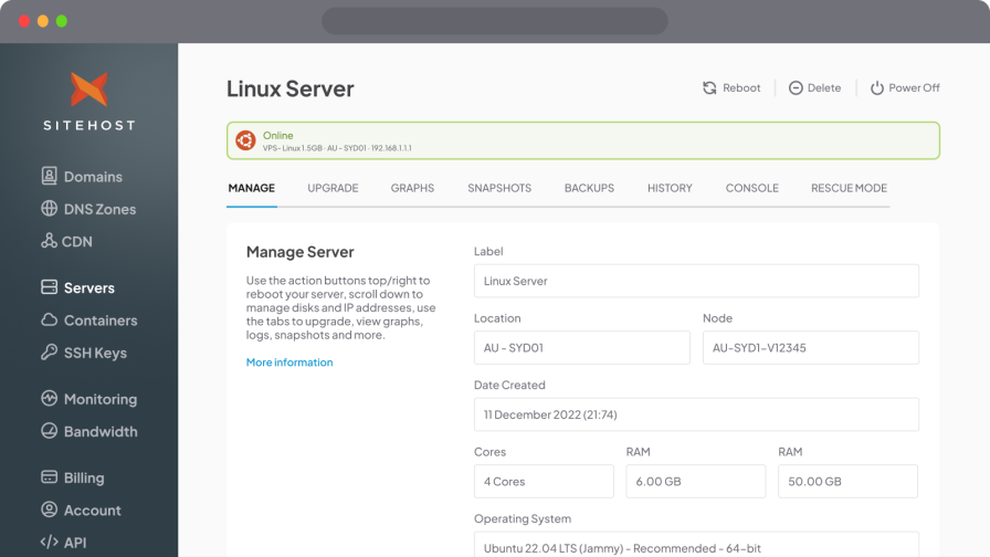 SiteHost control panel screenshot - Linux virtual server (VPS).