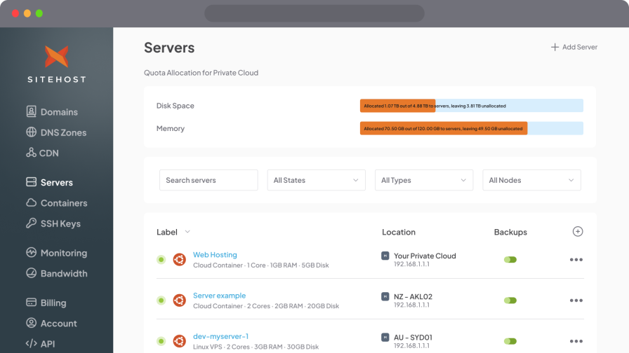 Easily manage virtual servers on your Private Cloud.