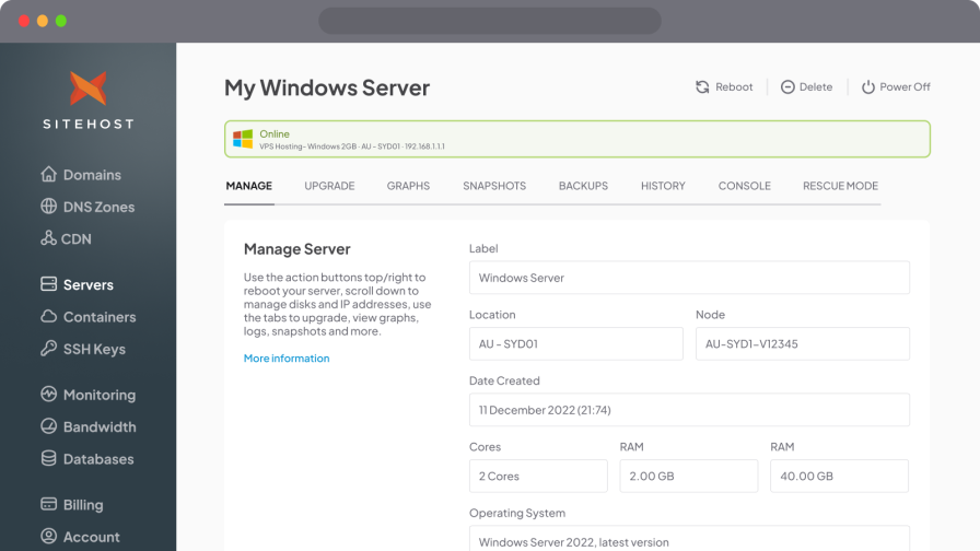 SiteHost control panel screenshot - manage Windows Virtual Server (VPS).