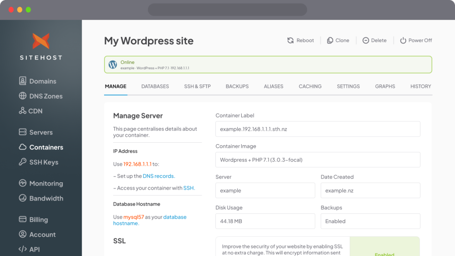 SiteHost control panel screenshot - manage WordPress hosting.